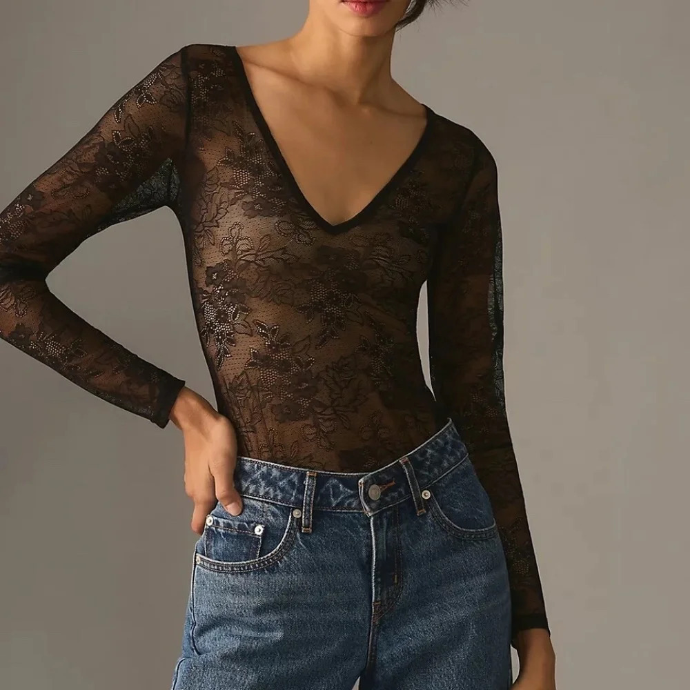 NWT Anthropologie Black Lace V-Neck Bodysuit Medium